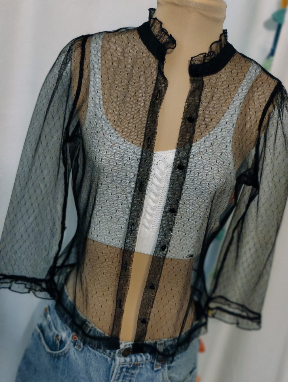 Iconic 90s Sheer Dark Academia Ruffle Grunge Layering Blouse Vintage Minimalist - Picture 2 of 6